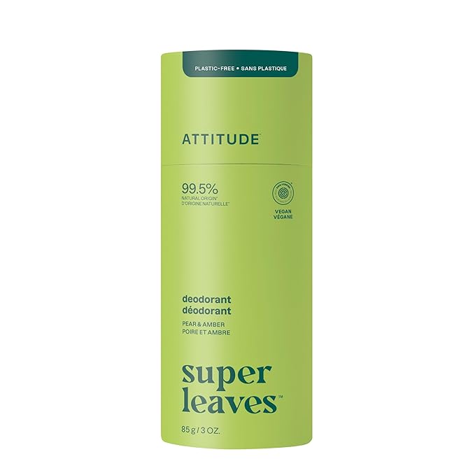 ATTITUDE Plastic-Free Deodorant, EWG Verified, Aluminum Free, Vegan Naturally Sourced Body Deodorants for Women & Men, Dermatologically Tested, Olive Leaves, 3 Ounces