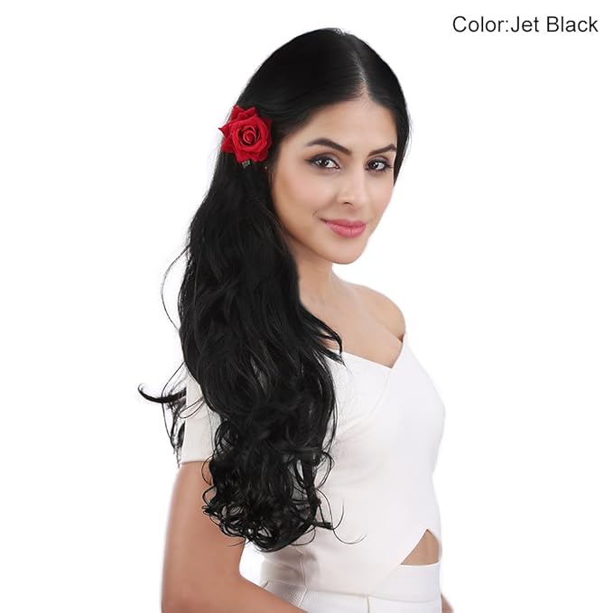 REECHO 24" Curly Wavy 4 Pieces Set Thick Clip in on Hair Extensions Black Brown