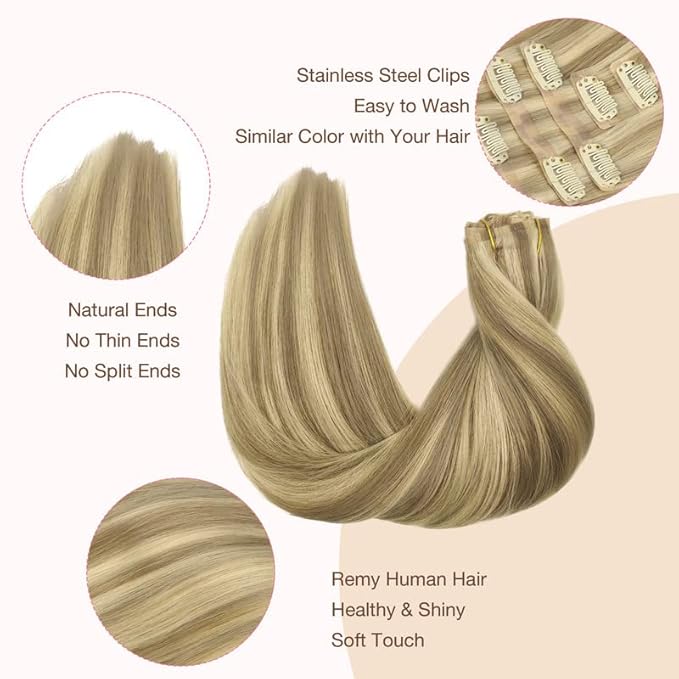 GOO GOO Clip in Hair Extensions Real Human Hair, Remy Human Hair Extensions Clip ins for Women, Natural Human Hair, 18inch 110g 7Pcs, 16/22 Light Blonde Highlighted Golden Blonde