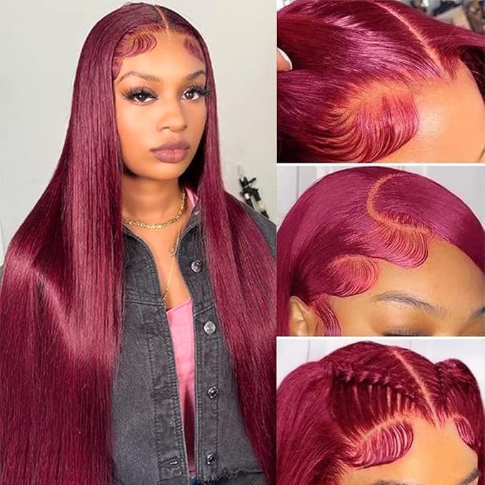 CHEETAHBEAUTY 99j Burgundy Lace Front Wigs Human Hair 34 Inch 13x6 Burgundy Wig Human Hair 220% Density Brazilian Virgin Straight Human Hair Wigs for Women Pre Plucked with Baby Hair