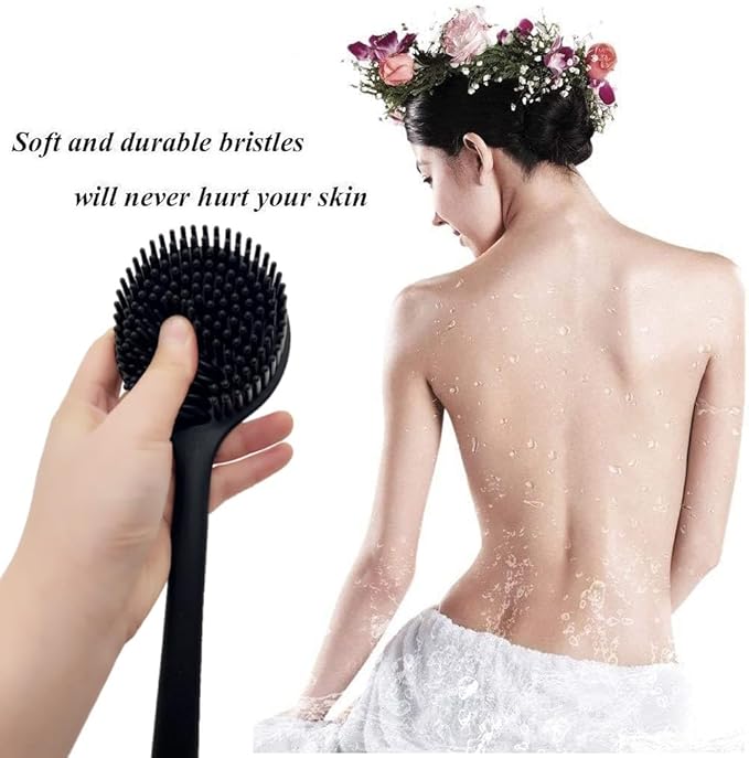 Silicone Body Scrubber With Long Handle for Shower - Exfoliating Back Brush for Men, Women & Kids - Soft Bath Scrubber With Free Hook