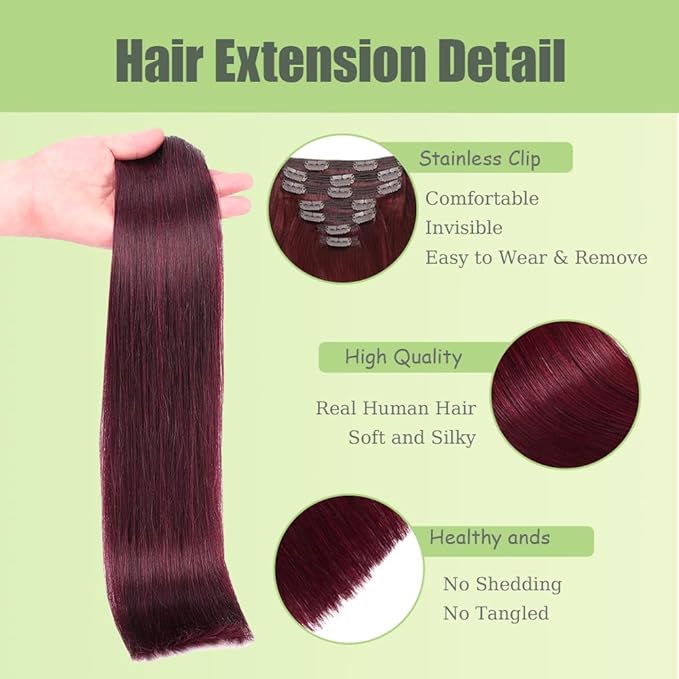 22 Inch #99J Red Clip in Hair Extensions - Real Remy Human Hair, 120g 7pcs, Burgundy Human Hair Extensions Clip ins for Women