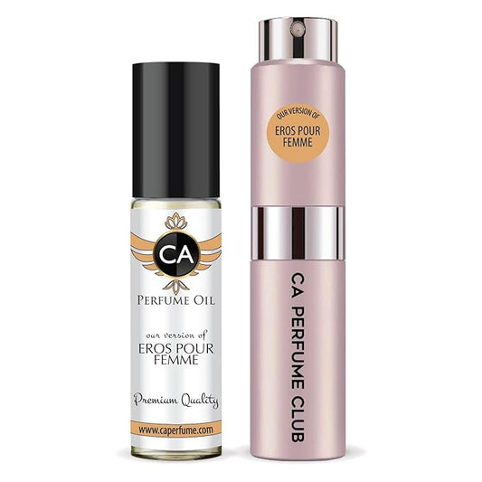 CA Perfume Duo Impression of Eros Pour Femme For Women Perfume Layering Set Long Lasting Travel Size EDP + Body Oil Roll-On Bottle 0.27 Fl Oz+0.33 Fl Oz