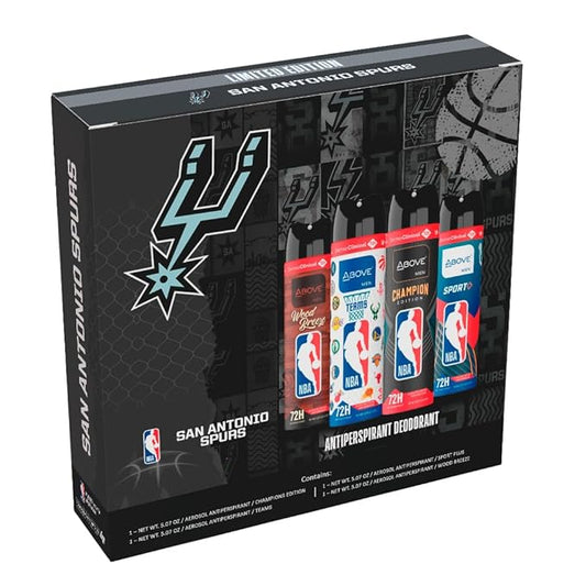 Above NBA – San Antonio Spurs Deodorant Gift Set – A Giftable Set for Spurs Fans – Antiperspirant Spray, 4 Signature Scents, 72h Protection, Dry Spray, No Stains – 5.07 oz, Pack of 4