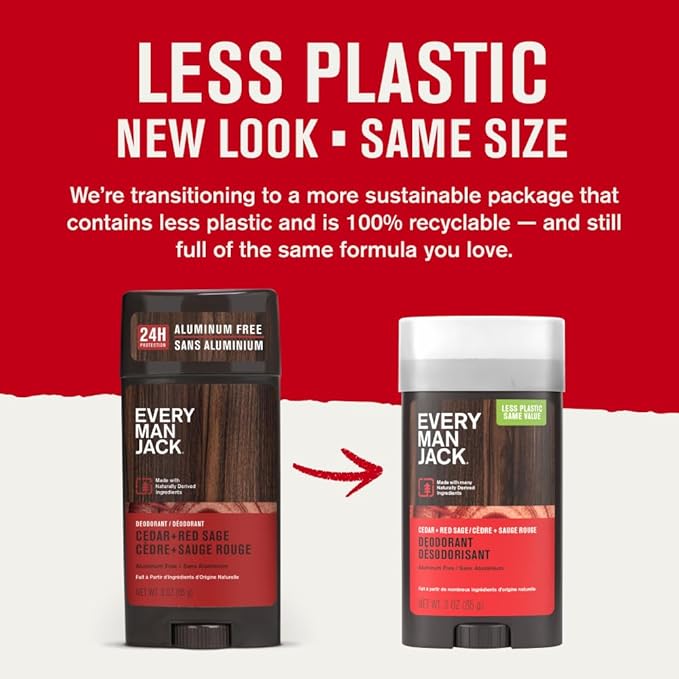 Every Man Jack Cedar & Red Sage Men’s Deodorant - Stay Fresh with Aluminum Free Deodorant For all Skin Types - Odor Crushing, Long Lasting, with Naturally Derived Ingredients - 3 oz - 4 Pack