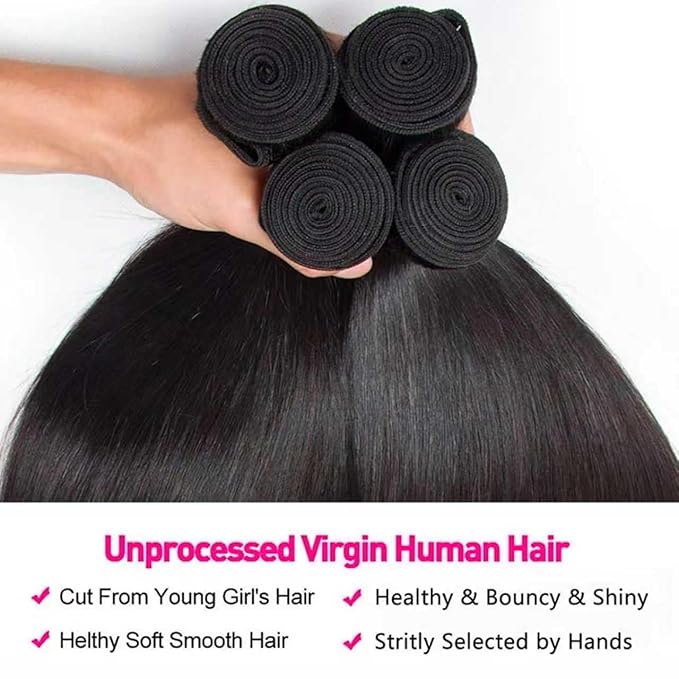 Straight Bundles Human Hair 16 16 18 18 Inch 100% Unprocessed Brazilian Virgin Hair 4 Bundles Hair Extension for Black Women Natural Color