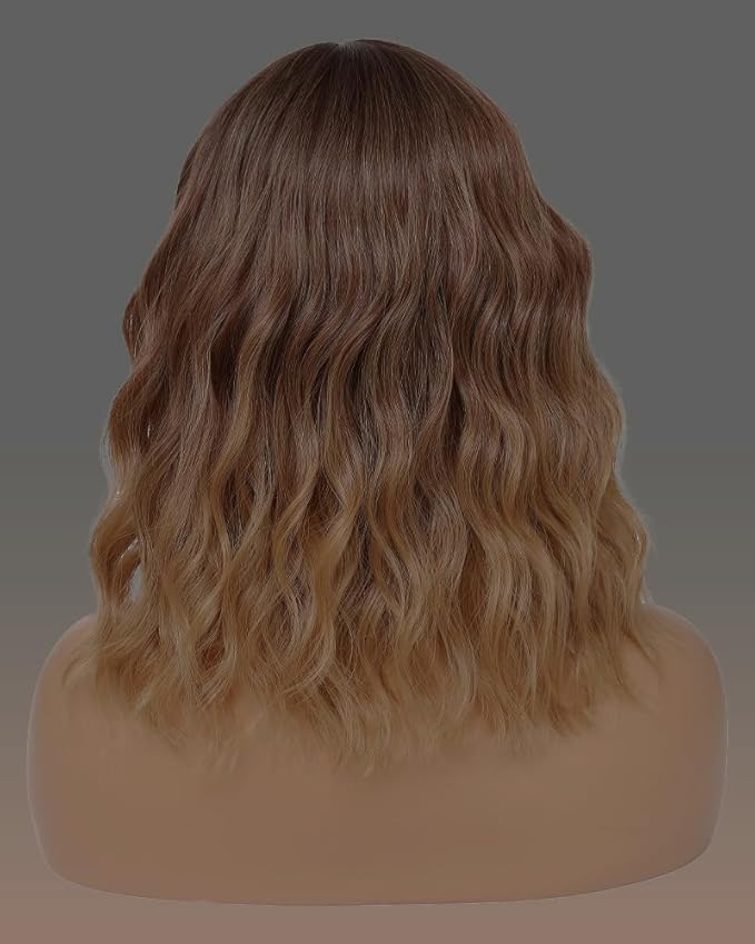 WAVE&BREEZE Brown Mixed Blonde Wigs with Bangs Bob Wavy Wigs for Women 14 Inch Shoulder Length Wig Natural Looking Synthetic Hair Replacement Wigs for Daily Party Use Cosplay Costume Halloween Wig