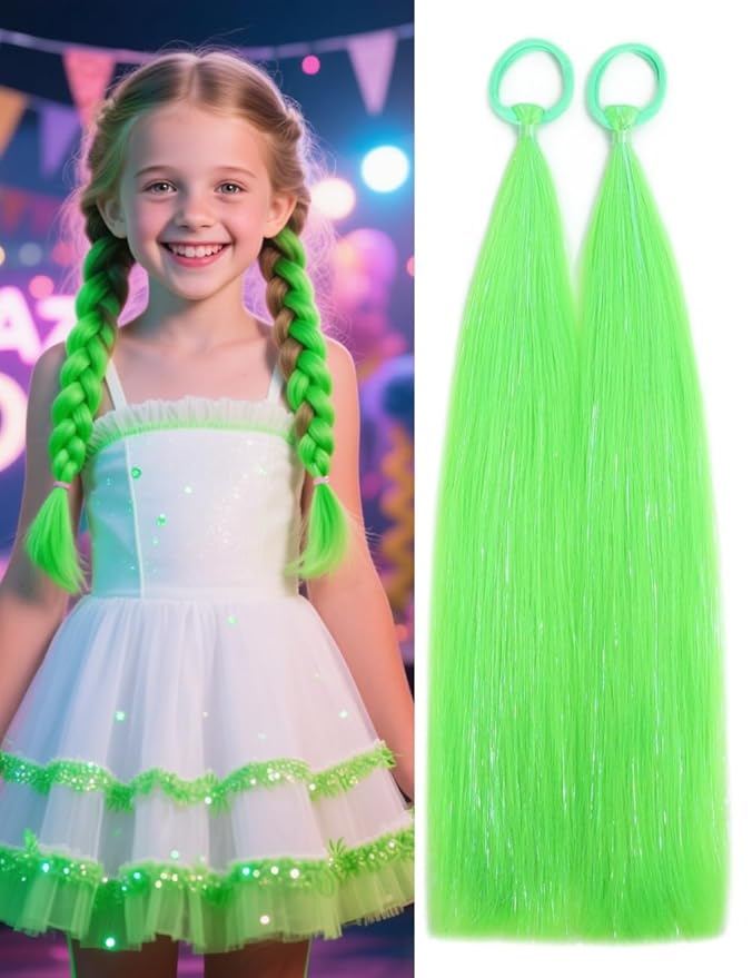 Colored Hair Extensions Neon Green Ponytail Extension 2 Packs, 20 inch Crazy Hair Day Accessories for Women, DIY Festival Wacky Rave Braids,Tinsel Mixed