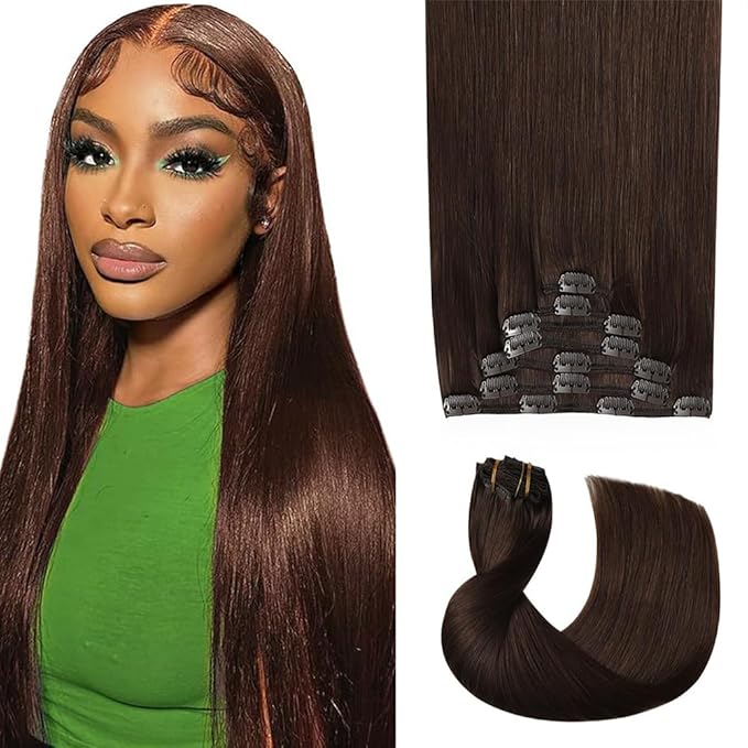 24 Inch #4 Brown Clip in Hair Extensions - Real Remy Human Hair, 120g 7pcs, Chocolate Brown Human Hair Extensions Clip ins for Women
