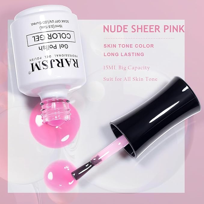RARJSM Sheer Jelly Gel Polish Clear Pink Gel Nail Polish Transparent Light Pink Pastel Nude Nail GelPolish Varnish Curing Requires LED UV Translucent French Manicure Soak Off for Home Salon 1pcs 15ml
