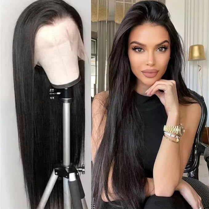 26-32 inch hand woven black long straight hair wig with lace front, elegant long straight hair, chemical fiber wig (black, 30inch)