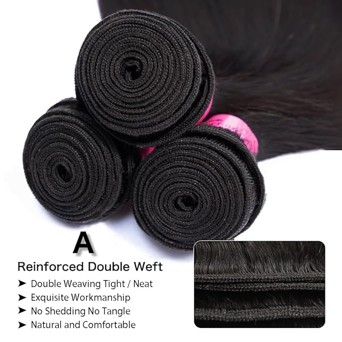 12A Straight Human Hair Bundles Unprocessed Brazilian Virgin Weave 3 Bundles 20 22 24 Inch Human Hair Extensions Double Weft Straight Wig Full And Thick Natural Color