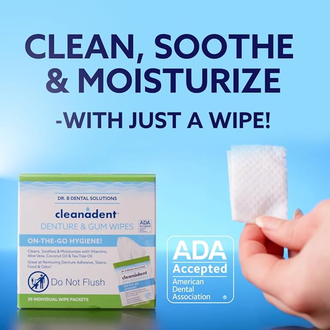 Dr. B Dental Solutions Cleanadent Wipes - Convenient Denture Cleaning Wipes, Refreshes Gums, No Artificial Colors/Flavors - 30 Count