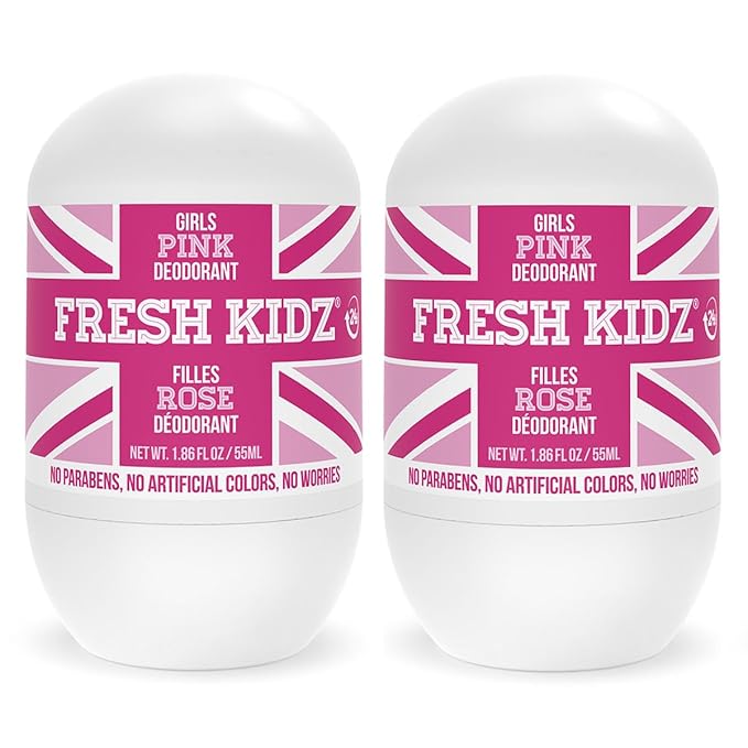 Fresh Kidz Roll On Deodorant for Kids and Teens - Baking Soda and Aluminum-free 24 Hour Protection for Sensitive Skin - Girls "Pink" 1.86 fl.oz. (2 Pack)