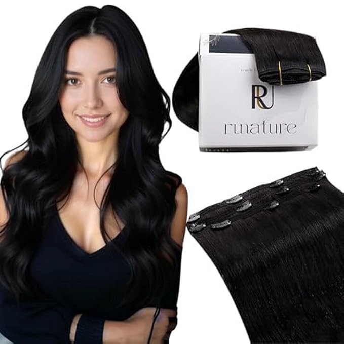 RUNATURE Clip in Hair Extensions Real Human Hair Black, Natural Hair Clip in Extensions for Women, Double Weft Black Hair Extensions 16 Inch 50g 3pcs #1B