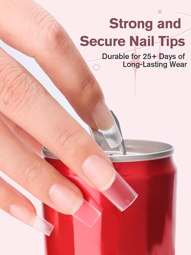 EBANKU Build on Apex Natural Nail Tips, 16 Sizes 160 PCS Middle Square Clear Acrylic Full Cover Press on Nail Tips with Builder Glue, Pre-applied Tip Primer & Base Coat