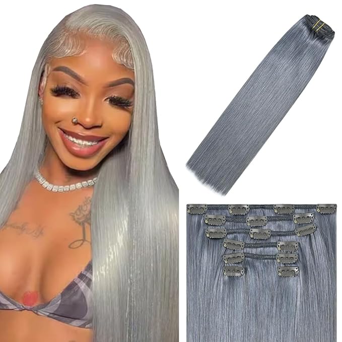28 Inch Grey Clip in Hair Extensions - Real Remy Human Hair, 120g 7pcs, Silver Grey Human Hair Extensions Clip ins for Women