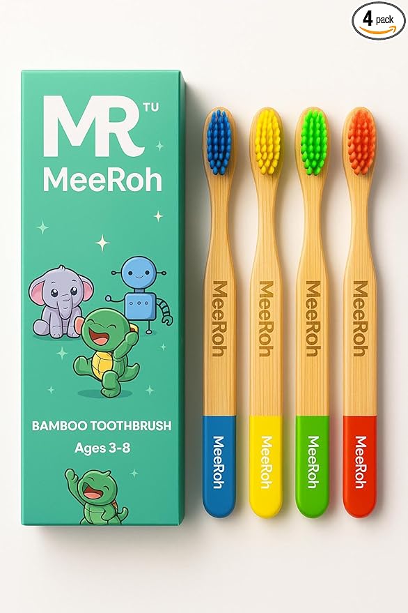 MeeRoh Bamboo Toothbrush for Kids – Eco-Friendly, Soft Bristles, 4-Pack