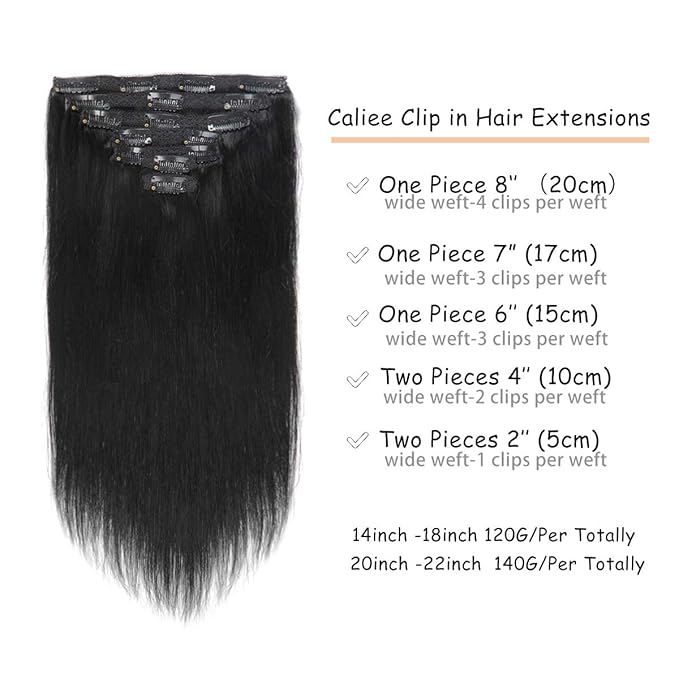 Caliee 16Inch Hair Extensions Clip in Human Hair Silky Straight Hair Invisible Double Weft for Women Full Head Seamless Hair Extensions Clip in 120G Color 1 Jet Black