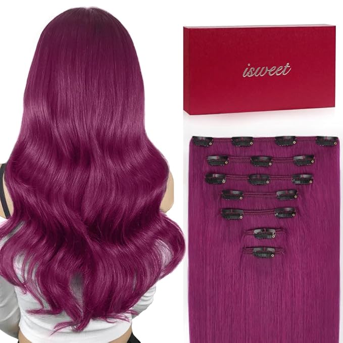 Straight Clip in Hair Extensions Real Human Hair, 7Pcs 22 Inch 120g Purple Invisible Natural Soft Remy Human Hair Extension Clip ins, Double Weft Hair Extensions Real Human Hair for Women