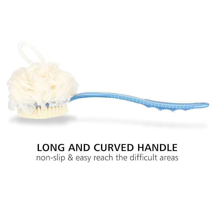 Shower Body Brush with Bristles and Loofah,Back Scrubber Bath Mesh Sponge with Curved Long Handle for Skin Exfoliating Bath, Massage Bristles Suitable for Wet or Dry, Men and Women (Blue)