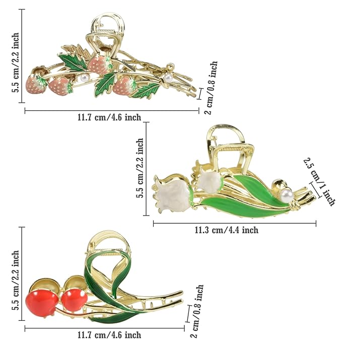 3-Piece Floral Metal Hair Accessories: Strawberry Cherry Tulip Barrettes, Elegant Strong Hold Non-Slip Clamps for Thin/Medium Thick Hair