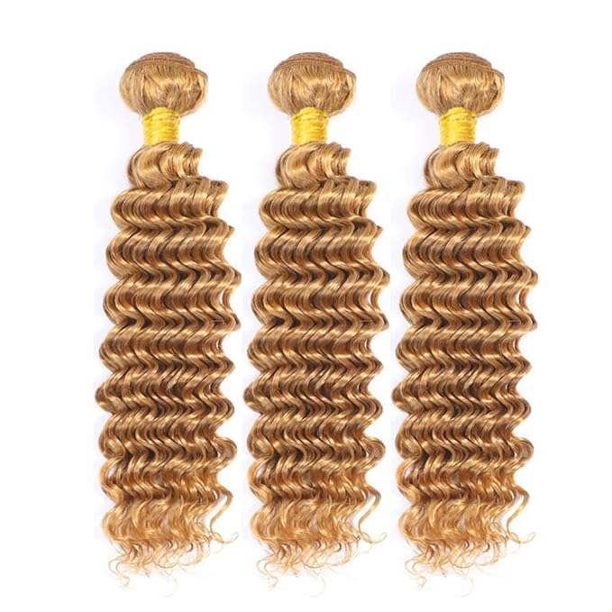 22 24 26 Inch Blonde Bundles Human Hair #27 Honey Blonde Deep Wave 3 Bundle Unprocessed Brazilian virgin hair Weave Extensions Double Weft 50 Grams/Bundle Colored Blonde Bundles for Woman
