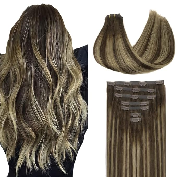 GOO GOO Clip in Hair Extensions Real Human Hair, Remy Human Hair Extensions Clip ins for Women, Natural Human Hair, 18inch 110g 7Pcs, 4/26/4 Balayage Chocolate Brown to Honey Blonde