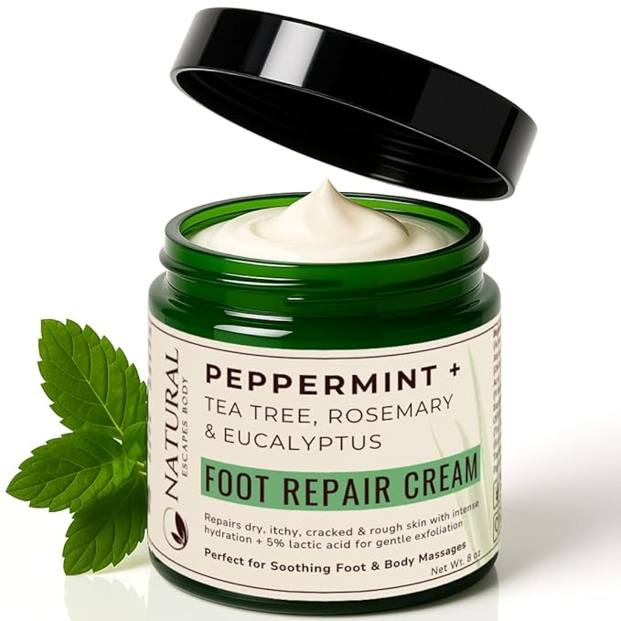 Natural Escapes Peppermint, Rosemary, Eucalyptus & Tea Tree Oil Foot Cream for Dry Feet, Cracked Heels, Calluses, Athlete's Foot - Heel Repair Cream for Women & Men (8 oz)