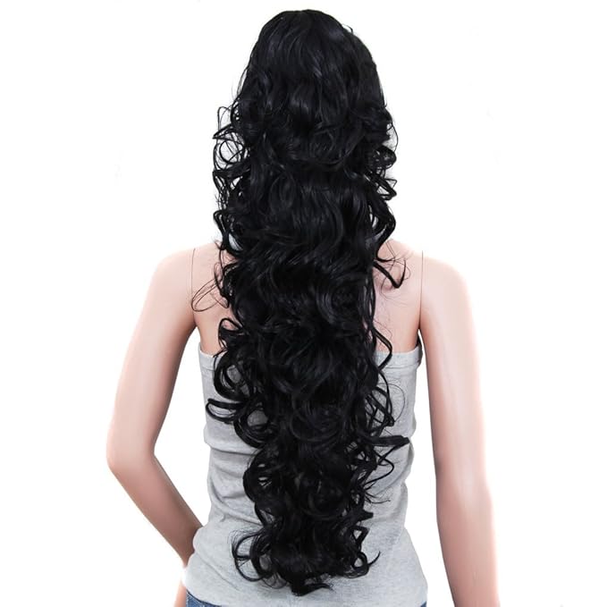 S_SSOY 31"(78cm) Women's Curly Pony Tail Hair Piece Synthetic Claw Clip Ponytail Wavy Long Curled in Hair Extension Extensions Long/Voluminous Wig Hairpieces for Women Girls Lady, 1B#