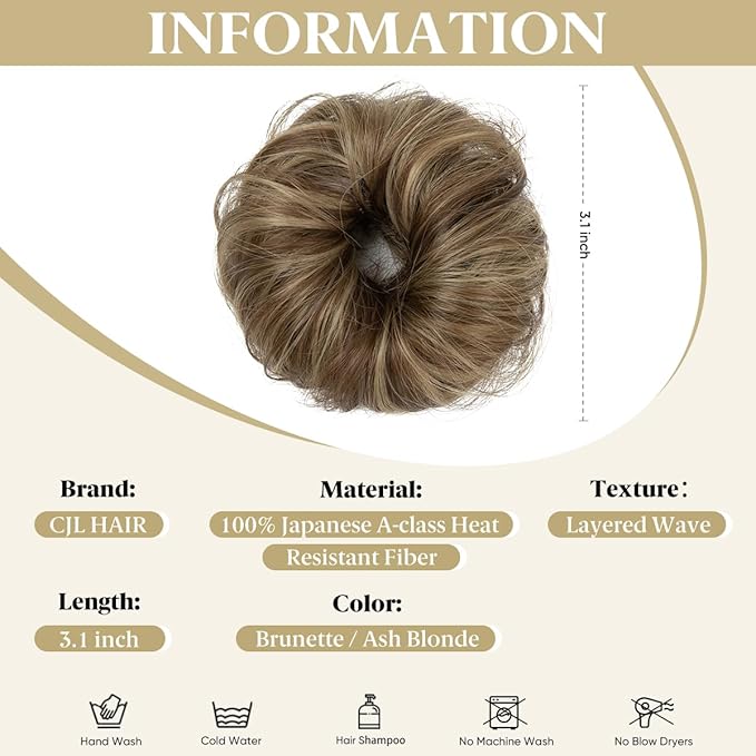 CJL HAIR 2PCs Small Cute Messy Bun Hair Piece for Thin Hair Women Mini Synthetic Curly Bun Scrunchies Updo Hairpieces Brunette/Ash Blonde