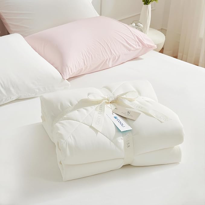 Cozy Bliss Cooling Comforter Twin Size, Cooling Blankets for Hot Sleepers and Night Sweats, Cream Summer Comforter for Twin Size Bed, Breathable Soft Lightweight Silk Smooth