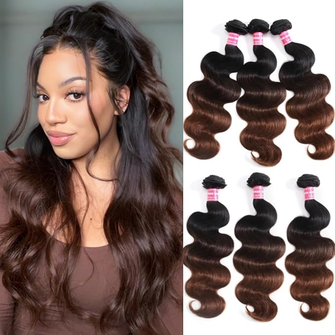 UNICE Chestnut Brown Ombre Body Wave Human Hair Weave 3 Bundles 14 16 18 inch Brazilian Remy Human Hair Wavy Sew in Human Hair Extensions