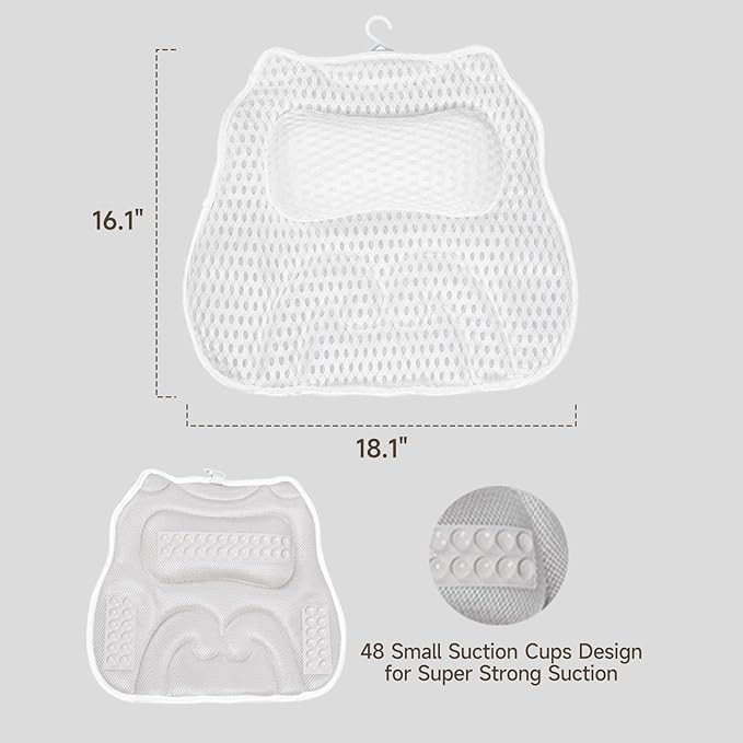 Bath Pillow with 48 Strong Suction Cups - 4D Air Mesh Bathtub Pillow for Neck, Head, Shoulder & Back Support - Extra Thick, Quick-Drying Spa Pillow with Built-in Hook(White)