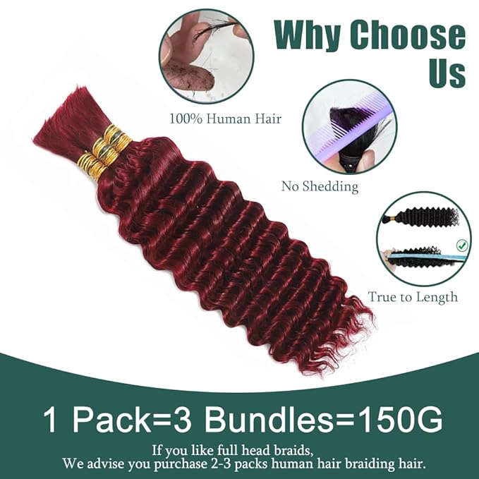 99J Human Braiding Hair for Boho Braids 18 Inch Burgundy Deep Wave Bulk Human Hair Red Wet and Wavy Braids Extensions