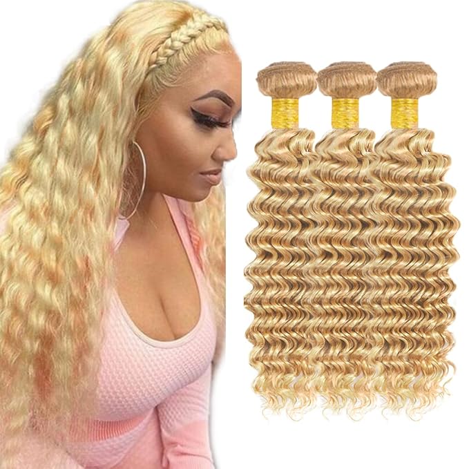 26 28 30 inch P27/613 Human Hair Bundles Blonde Deep Wave 3 Bundles Two Tone Honey Blonde Bundle 613 and 27 Hair Extensions