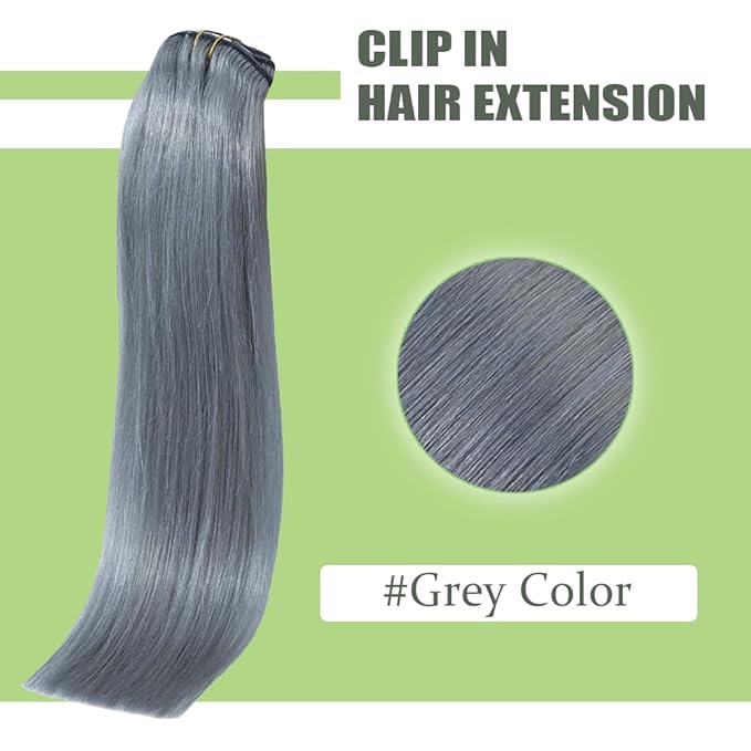 20 Inch Grey Clip in Hair Extensions - Real Remy Human Hair, 120g 7pcs, Silver Grey Human Hair Extensions Clip ins for Women