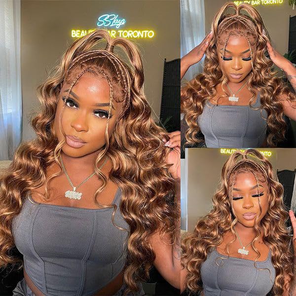 Honey Blonde Ombre 13x6 Lace Front Wig Human Hair 210 Density Highlight Body Wave Lace Front Wigs Human Hair Pre Plucked Glueless Lace Frontal Wig for Women 4/27 Colored 28Inch