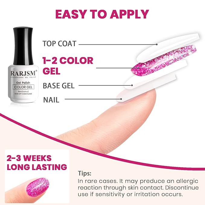 RARJSM Gel Nail Polish Glitter Sparkly Rose Red Chunky Shimmer Iridescent Gelpolish 15ml Holographic Rainbow Effect Soak off L e d U V Curing Required High Pigments for Home Manicure Nail Art