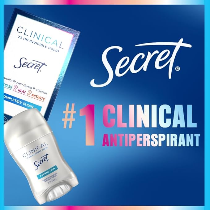 Secret Clinical Strength Antiperspirant Deodorant for Women, Free & Sensitive, 3X Stress Protection, 72hr Sweat & Odor Protection, PH Balancing Minerals, Invisible Solid, Unscented, 1.6 oz