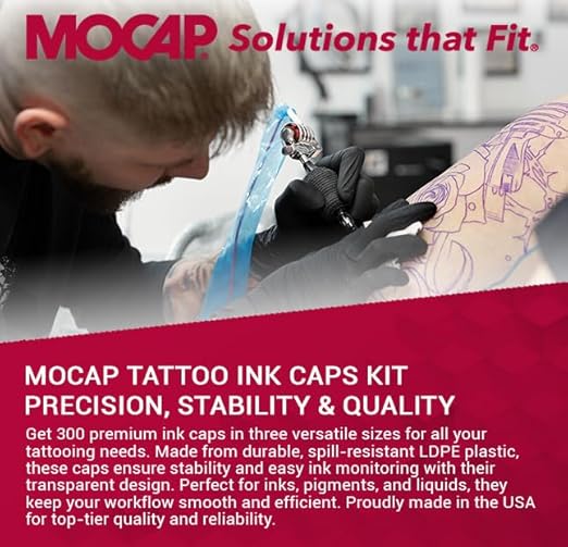 MOCAP Tattoo Ink Caps Kit (FC Series) – Flexible, Durable & Versatile Plastic Flanged Ink Caps for Tattoo Artists, Moisture & Dust Prevention, Secure & Easy to Use, LDPE Material - 300 Total Pcs