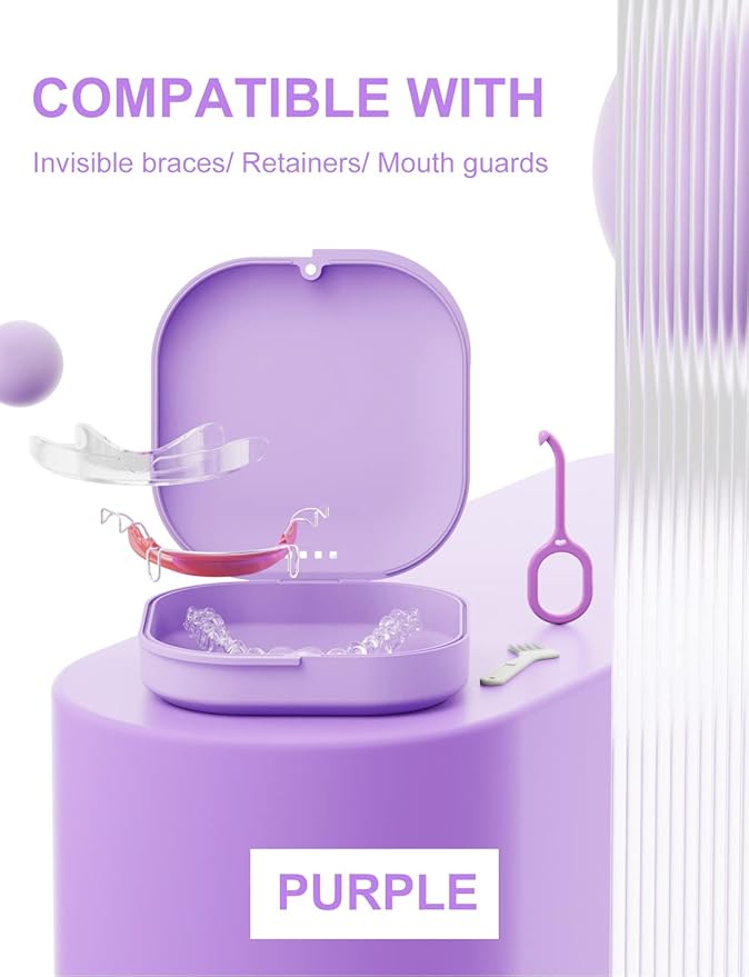 Slim Retainer Case With Vent Holes, Compatible With Invisalign, Mouth Guard, Removal Tool and Brush, Purple