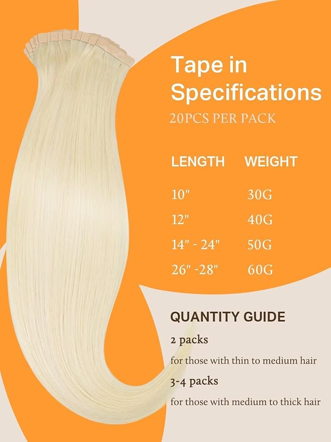 DOORES Hair Extensions Tape in Platinum Blonde 22 Inch 50g 20pcs Real Human Hair Extensions Seamless Straight Remy Natural Hair