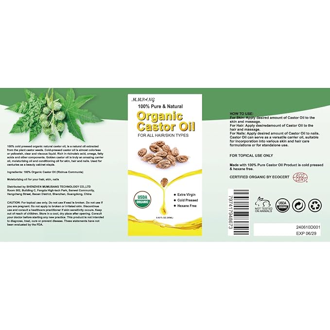 Organic Castor Oil for Hair Body Lashes Brow,USDA Certified 100% Pure Natural Glass Bottle, Cold Pressed, Hexane Free. Castor Oil for Hair Growth, Thicker Fuller Brows, 8.45oz