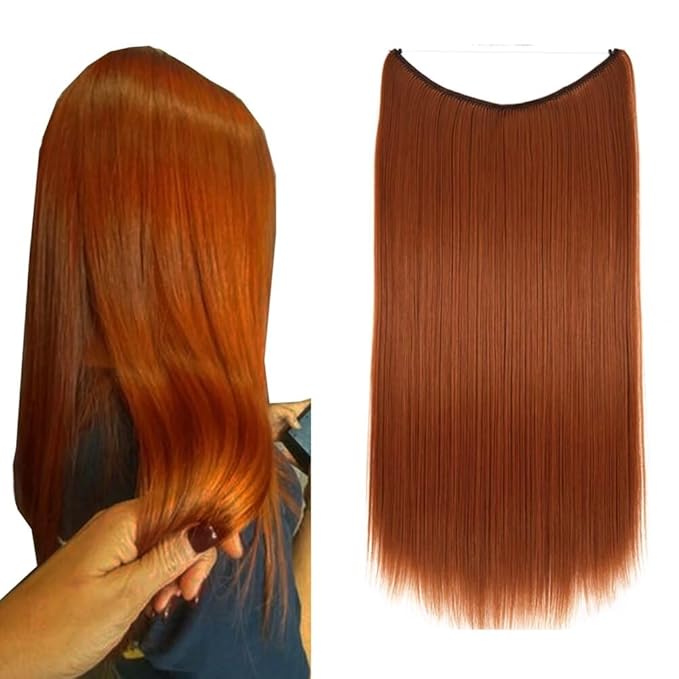 iLUU 22inch 80g #119 Orange Red Color Thick Synthetic Secret Fish Line Long Straight Hair Extension Copper Red Invisible Transparent String Hairpiece Hair Extensions for Women Girl