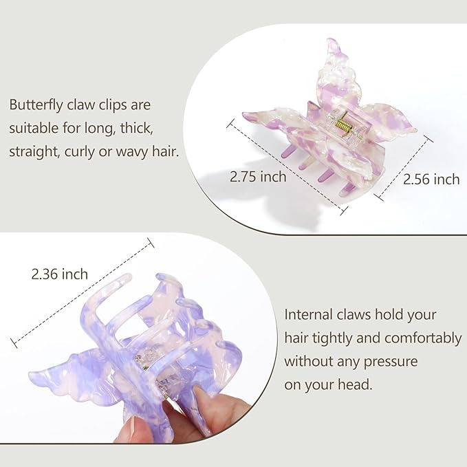 Shinowa Butterfly Hair Clips, 4 Packs Butterfly Hair Claw Clips for Thick Thin Hair, 2.75 Inch Beautiful Hair Clips for Styling, Hair Accessories for Girls and Women
