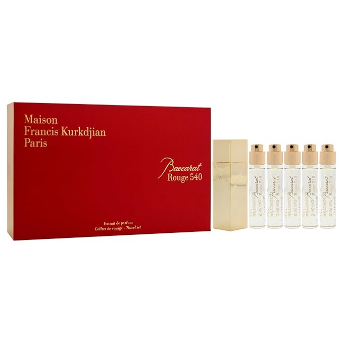 Baccarat Rouge 540 Travel Set by Maison Francis Kurkdjian for Unisex - 6 Pc Gift Set 5 x 0.37 Extrait De Parfum Spray (Refill), Case Gold