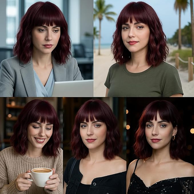 WAVE&BREEZE Dark Red Wig with Bangs Short Curly Bob Wigs for Women 14 Inch Shoulder Length Natural Looking Hair Replacement Wigs for Cosplay Party Use