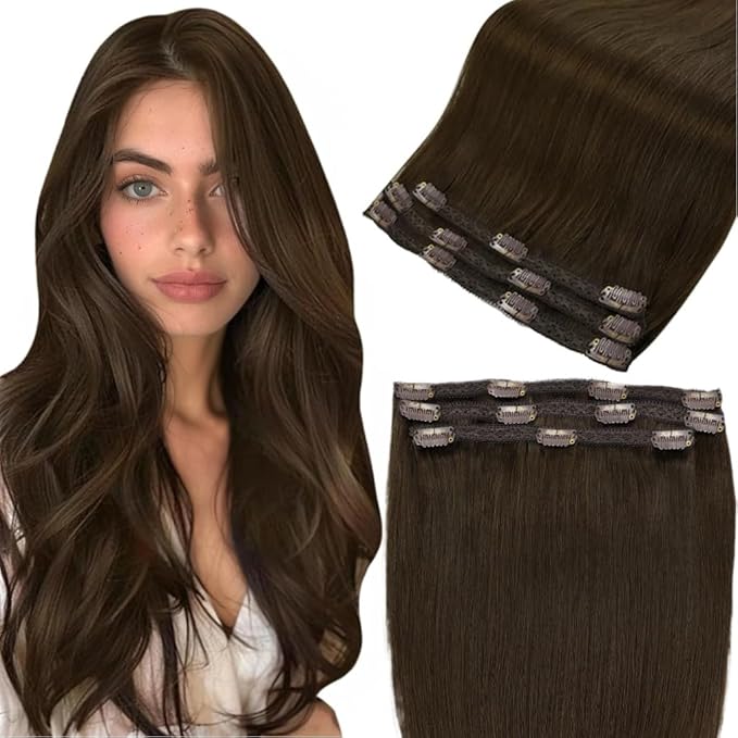 Full Shine Brown Human Hair Clip in Extensions 20 Inch Straight Dark Brown Clip in Hair Extension Lace Weft Real Human Hair Clip ins for Thin Hair 3 PCS 60 G