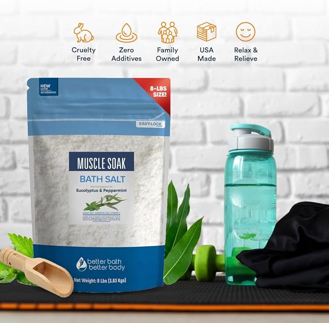 Muscle Soak Bath Salt 128 Ounces Epsom Salt with Natural Peppermint and Eucalyptus Essential Oils Plus Vitamin C in BPA Free Pouch with Easy Press-Lock Seal